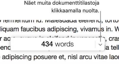 Sanamäärä dokumentin tilastotietoja esittelevässä ponnahdusvalikossa.