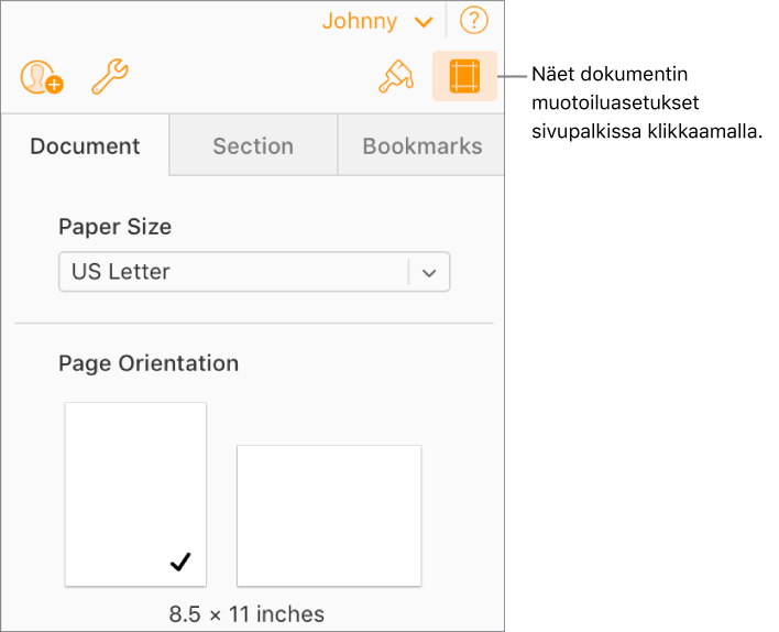 Työkalupalkin Dokumentti-painike on valittuna ja toiminnot paperin koon ja suunnan muokkaamiseksi näytetään sivupalkin Dokumentti-välilehdessä.