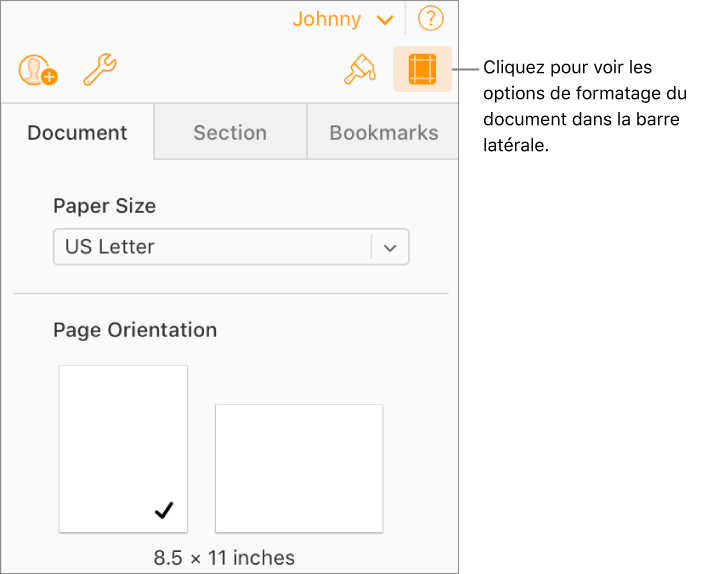 Bouton Document sélectionné dans la barre d’outils et commandes de changement de la taille du papier et de l’orientation de la page dans l’onglet Document de la barre latérale.