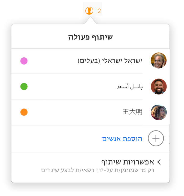 התפריט 'שיתוף פעולה' מציג את השמות של האנשים שעובדים יחד על המסמך. אפשרויות השיתוף מוצגות מתחת לשמות.