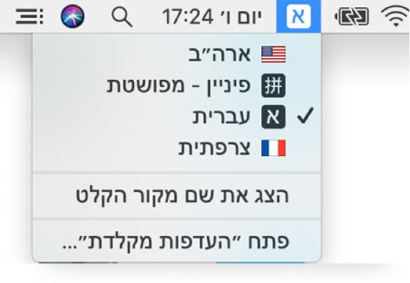 התפריט ״קלט״ בצד הימני העליון של סרגל התפריט פתוח ומציג את מספר השפות שזמינות.