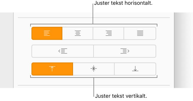 Knappene for horisontal og vertikal tekstjustering i Format-sidepanelet.