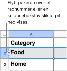 Det velges et radnummer i en tabell, og nedoverpilen vises til høyre.