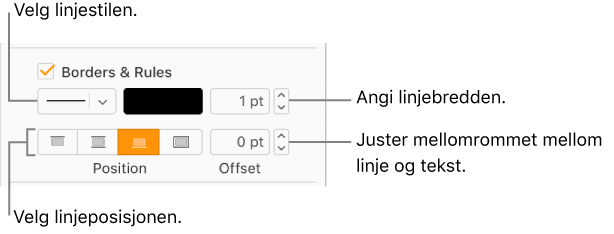 Avkrysningsruten for Kantlinjer/streker er markert i Format-sidepanelet. Kontrollene for å endre stil, bredde, plassering og farge på linjen vises under ruten.