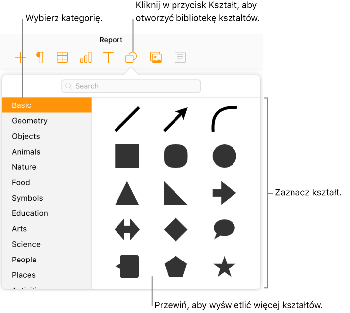 Poniżej przycisku Kształt na pasku narzędzi jest otwarta biblioteka kształtów. Z lewej strony jest wybrana kategoria Podstawowe. Z prawej strony są wyświetlane niektóre typowe kształty (takie jak okręgi, kwadraty i linie).
