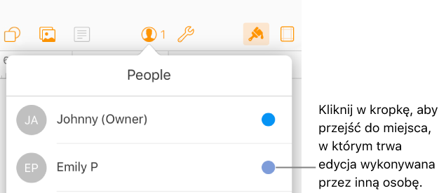 Lista użytkowników z dwoma użytkownikami i kropką w innym kolorze z prawej strony każdej nazwy.