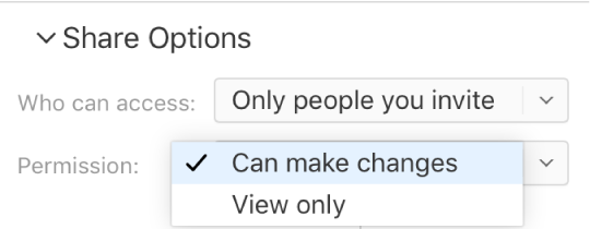 Menu podręczne Uprawnienia w opcjach udostępniania.