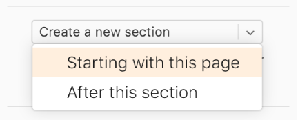 Com o menu pop-up "Criar nova secção" aberto e a opção "A começar por esta página" selecionada.
