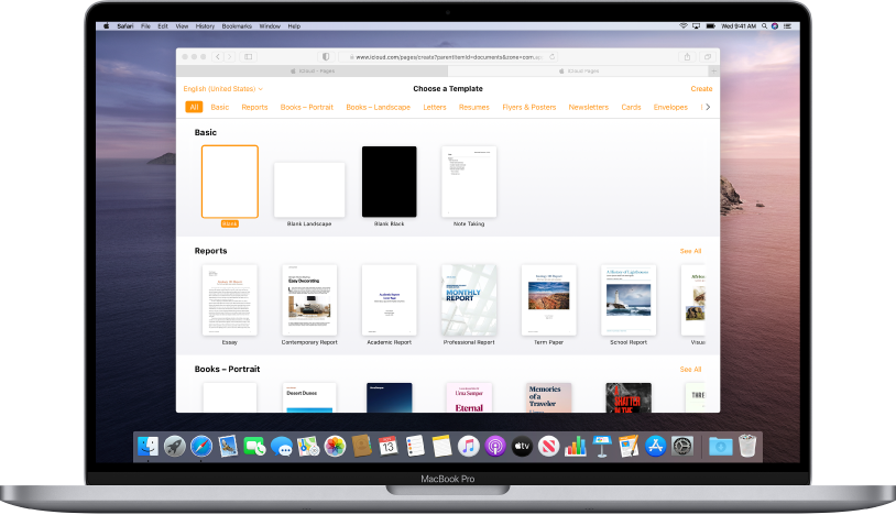 Mallväljaren är öppen och visar ett antal exempeldokument att välja på.