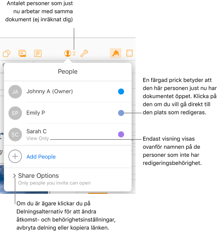 Deltagarlistan i ett delat dokument.