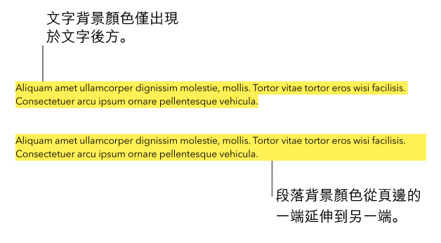 第一段僅文字後方有黃色區塊，第二段落後方的黃色區塊則從頁邊的一端延伸到另一端。