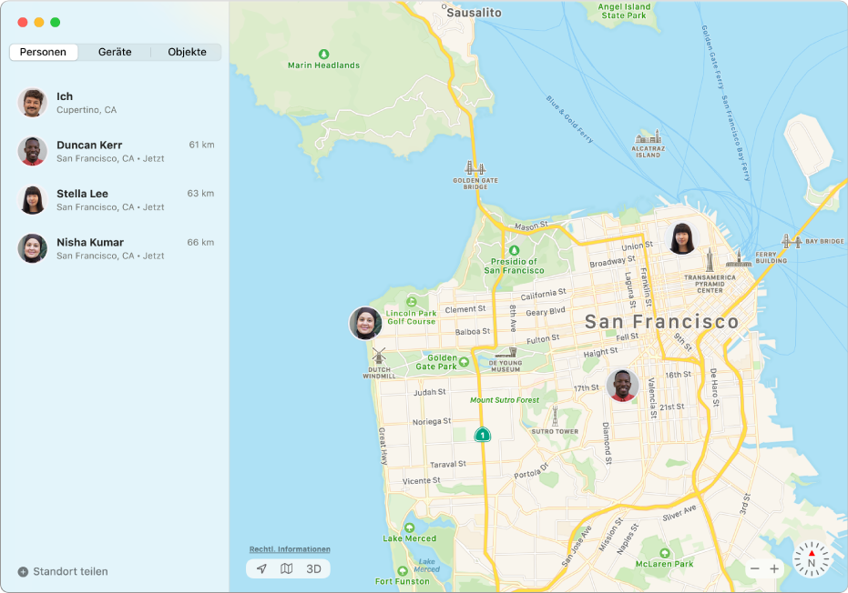 Die App „Wo ist?“ mit einer Liste mit Freunden in der Seitenleiste und ihren entsprechenden Standorten auf einer Karte auf der rechten Seite.