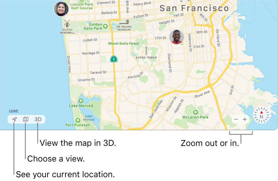 View of the Find My window showing people’s locations on a map. In the lower-left corner, use buttons to see your current location, choose a view and view the map in 3D. In the lower-right corner, use the zoom buttons to zoom in or out on the map.