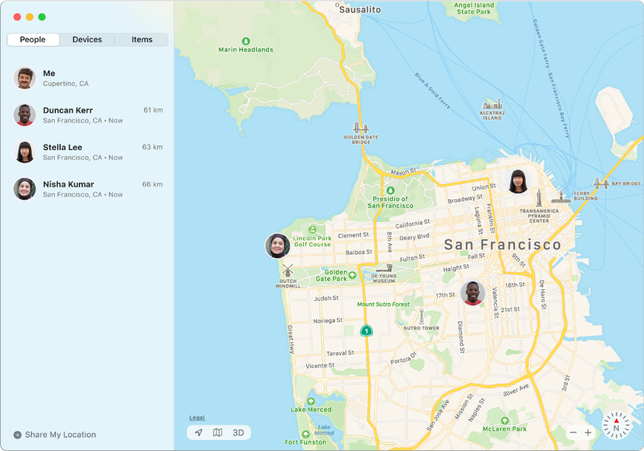 The Find My app showing a list of friends in the sidebar and their locations on a map on the right.