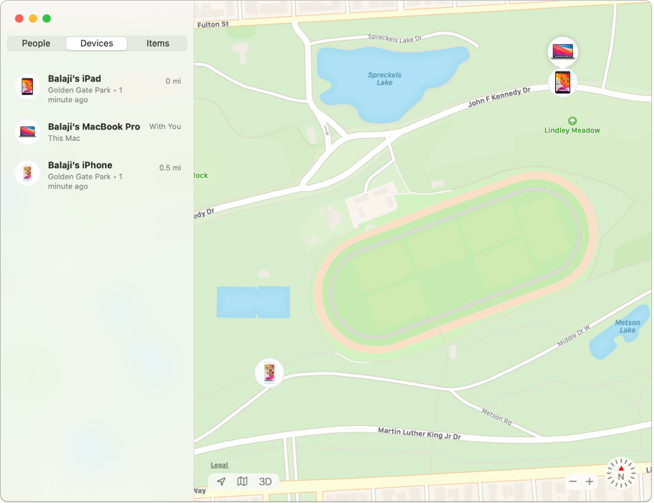 The Find My app showing a list of devices in the sidebar and their locations on a map on the right.