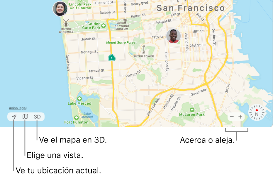 Visualización de la ventana Encontrar mostrando la ubicación de las personas en un mapa. En la esquina inferior izquierda, usa los botones para ver tu ubicación actual, elige una vista y explora el mapa en 3D. En la esquina inferior derecha, usa los botones de zoom para acercar o alejar el mapa.