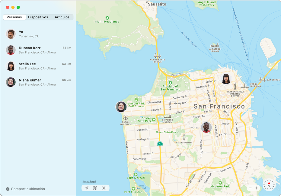 La app Encontrar mostrando una lista de amigos en la barra lateral y sus ubicaciones en un mapa a la derecha.
