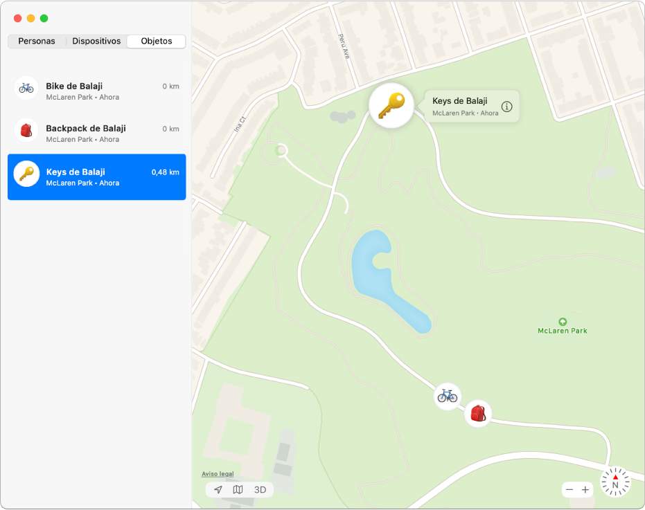 La app Buscar con una lista de objetos en la barra lateral y sus ubicaciones en un mapa a la derecha.