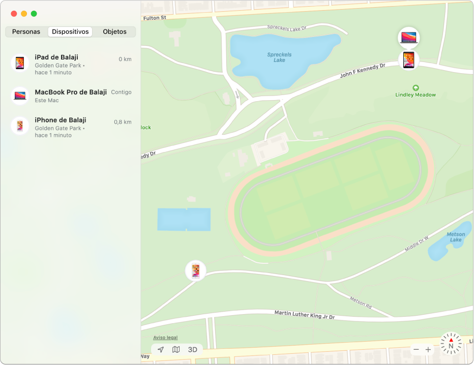 La app Buscar con una lista de dispositivos en la barra lateral y sus ubicaciones en un mapa a la derecha.
