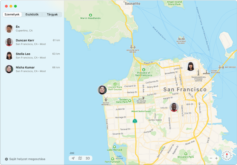 A Lokátor alkalmazás, amelyben az oldalsávon a barátok listája, míg a jobb oldali térképen azok helyzete látható.