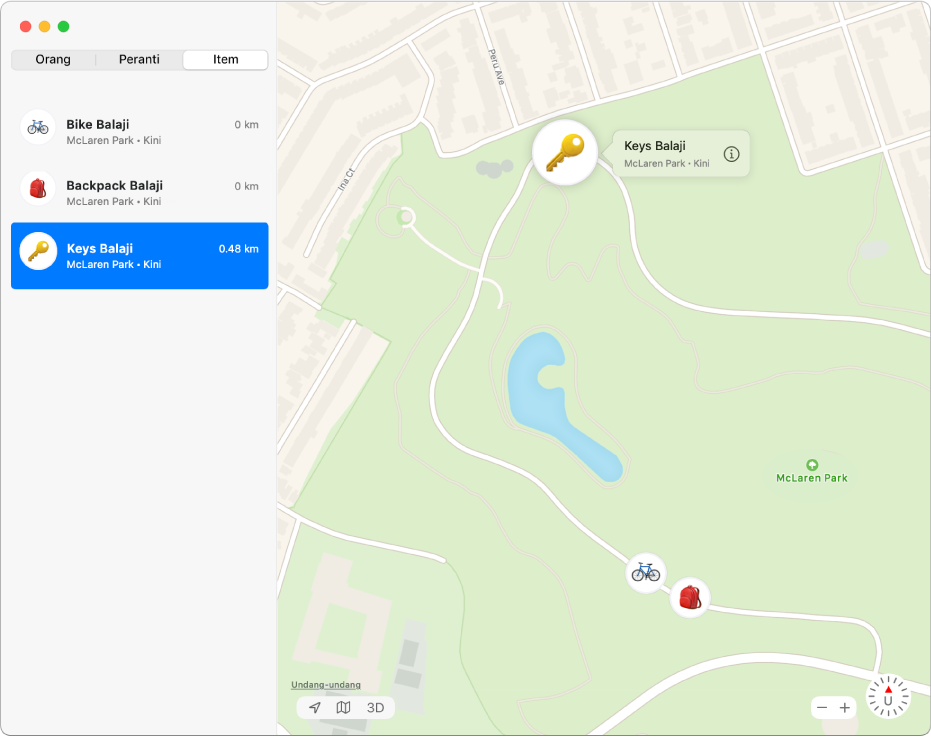 App Cari menunjukkan senarai item dalam bar sisi dan lokasi mereka pada peta di bahagian kanan.