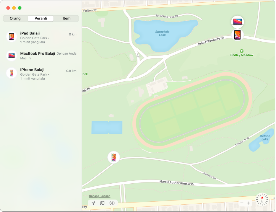 App Cari menunjukkan senarai peranti dalam bar sisi dan lokasi mereka pada peta di bahagian kanan.