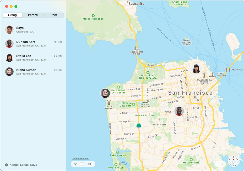 App Cari menunjukkan senarai rakan dalam bar sisi dan lokasi mereka pada peta di bahagian kanan.