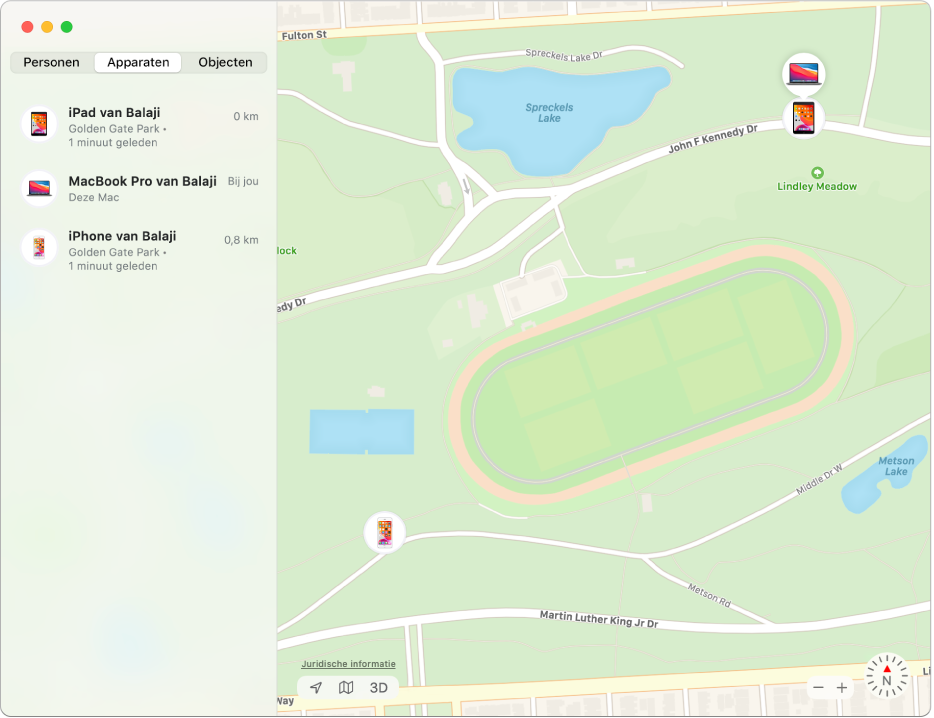 De app Zoek mijn met in de navigatiekolom een lijst met apparaten en met rechts op de kaart hun locaties.