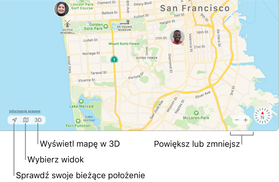 Widok okna Lokalizatora pokazujący położenie osób na mapie. W lewym dolnym rogu znajdują się przyciski pozwalające wyświetlać swoje bieżące położenie, zmieniać widok oraz wyświetlać mapę w trybie 3D. W prawym dolnym rogu widoczne są przyciski do powiększania i pomniejszania mapy.