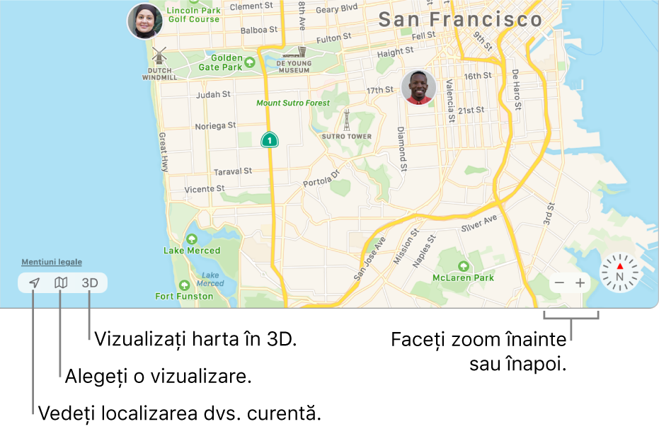Vizualizare a ferestrei Găsire afișând amplasarea persoanelor pe o hartă. În colțul din stânga jos, utilizați butoanele pentru a vedea localizarea dvs. curentă, a alege un mod de vizualizare șu a vedea harta în 3D. În colțul din dreapta jos, utilizați butoanele de zoom pentru a apropia sau îndepărta harta.