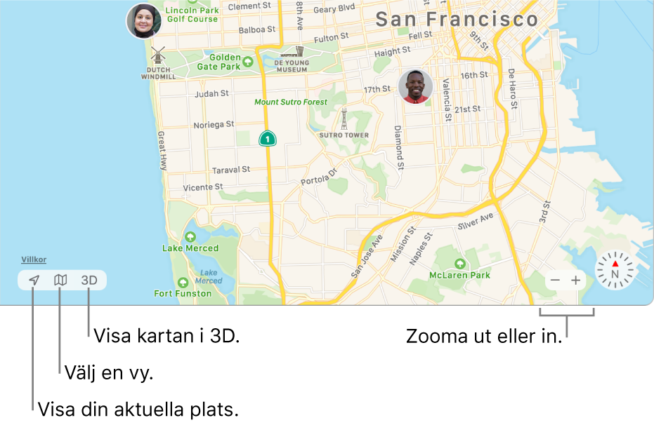 Fönstret Hitta med personers platser på en karta. Använd knapparna i det nedre vänstra hörnet till att se din nuvarande plats, välja en vy och visa kartan i 3D. I det nedre högra hörnet använder du zoomknapparna till att zooma in eller ut på kartan.