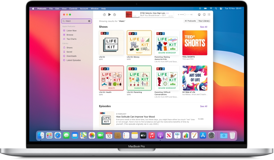The Apple Podcasts window showing a search string and the results.
