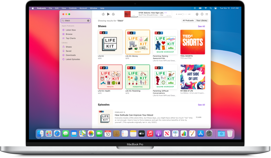 The Apple Podcasts window showing a search string and the results.