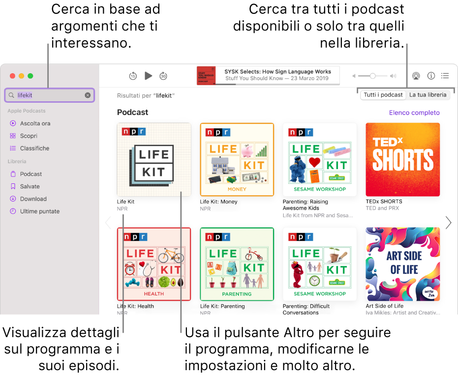 La finestra di Podcast con del testo nel campo di ricerca nell’angolo in alto a sinistra e le puntate e i programmi che corrispondono alla ricerca di tutti i podcast nella schermata a destra. Fai clic sul link sotto il programma per visualizzare i dettagli sul programma e le sue puntate. Usa il pulsante Altro del programma per seguirlo, modificarne le impostazioni e molto altro.