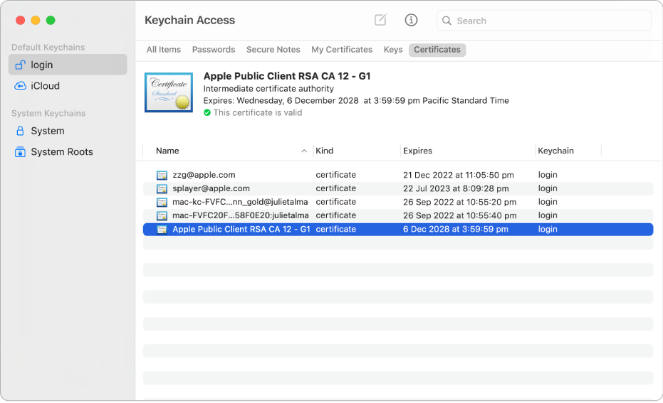 The Keychain Access window showing certificates.