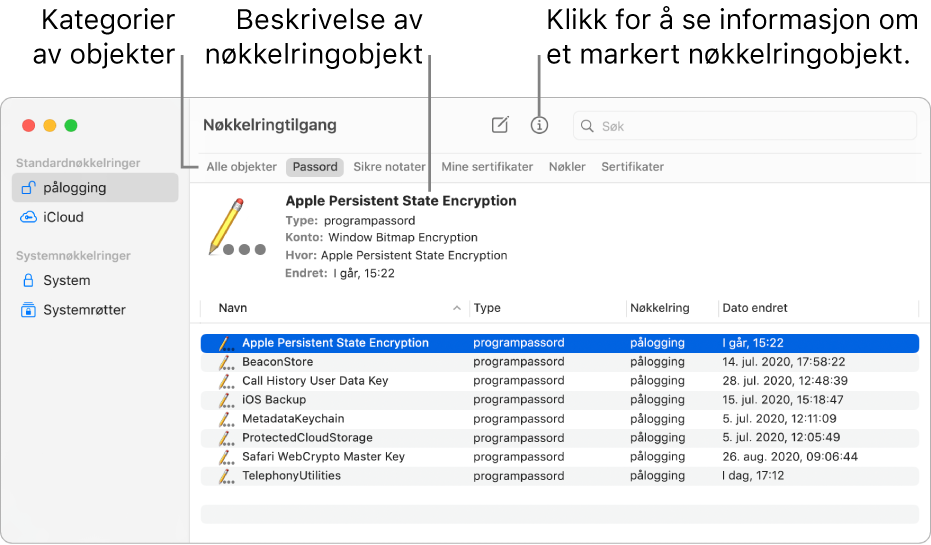 Nøkkelringtilgang-vinduet. Til venstre er en liste med nøkkelringene dine. Øverst til høyre er en liste over kategorier av objekter i den markerte nøkkelringen (som Passord). Nederst til høyre er det en liste med objekter i kategorien som er markert, og ovenfor listen med objekter er det en beskrivelse av objektet som er markert.