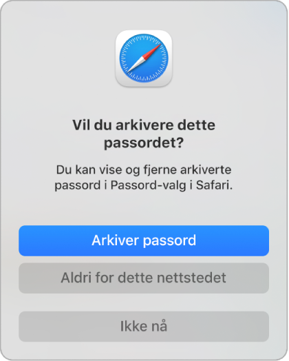 Dialogrute som spør om du vil arkivere passordet.