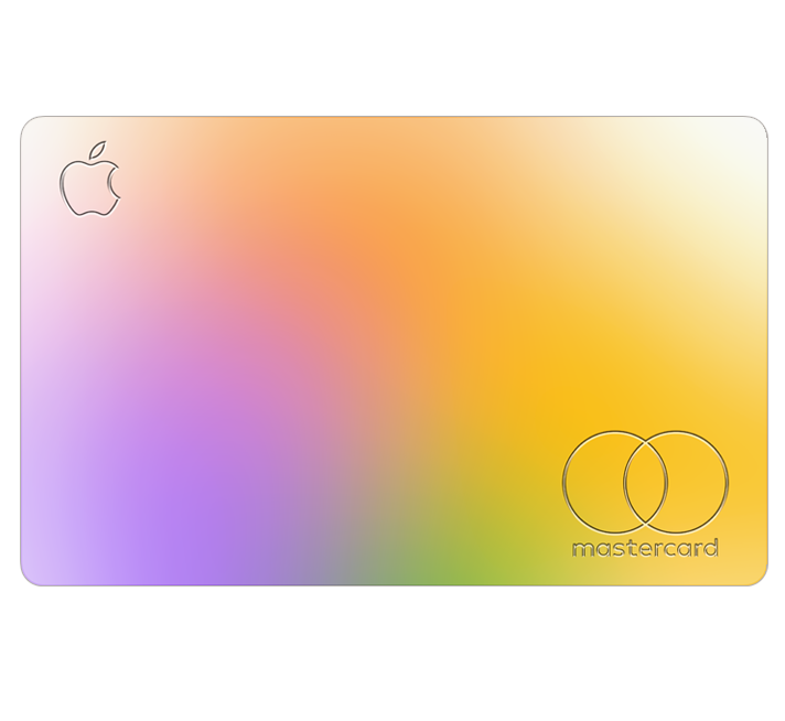 A colorful Apple Card. The Apple logo and Mastercard logo are visible.