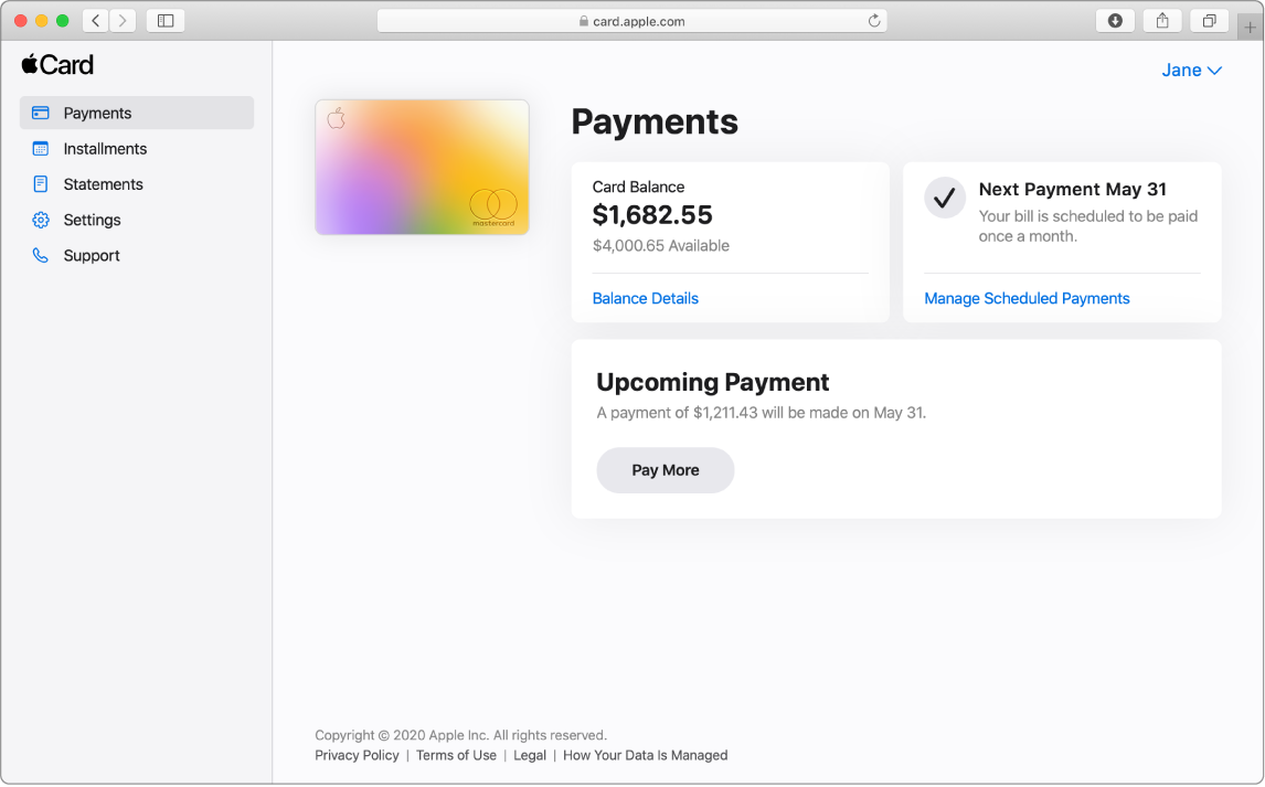 The Payments page in a Safari window. There are three sections, showing the following: the card balance, the monthly scheduled recurring payment, and an upcoming payment.