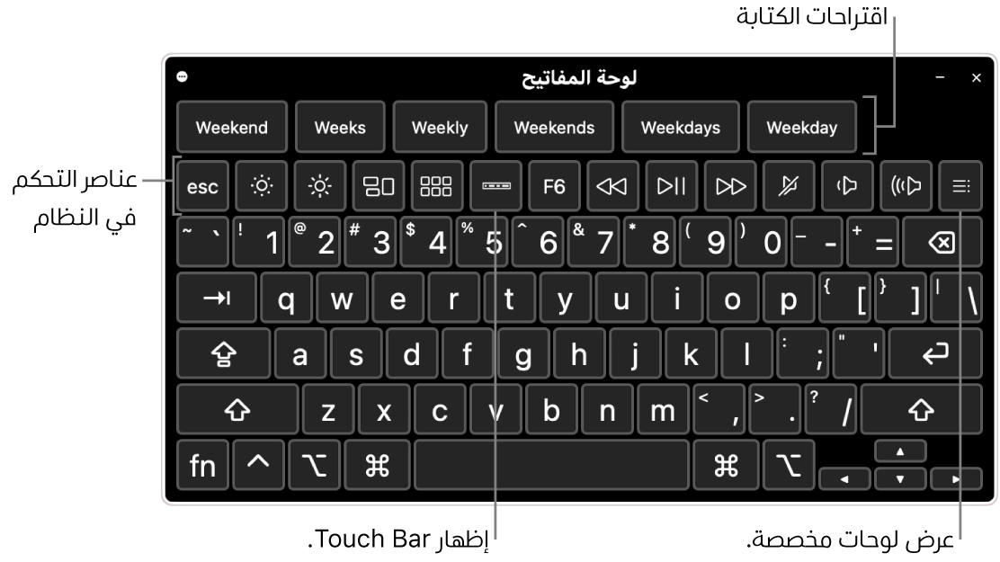 لوحة مفاتيح إمكانية الوصول مع اقتراحات الكتابة في الجزء العلوي. فيما يلي صف من الأزرار الخاصة بعناصر التحكم في النظام للقيام بأشياء مثل ضبط سطوع شاشة العرض، إظهار Touch Bar على الشاشة، وإظهار لوحات مخصصة.