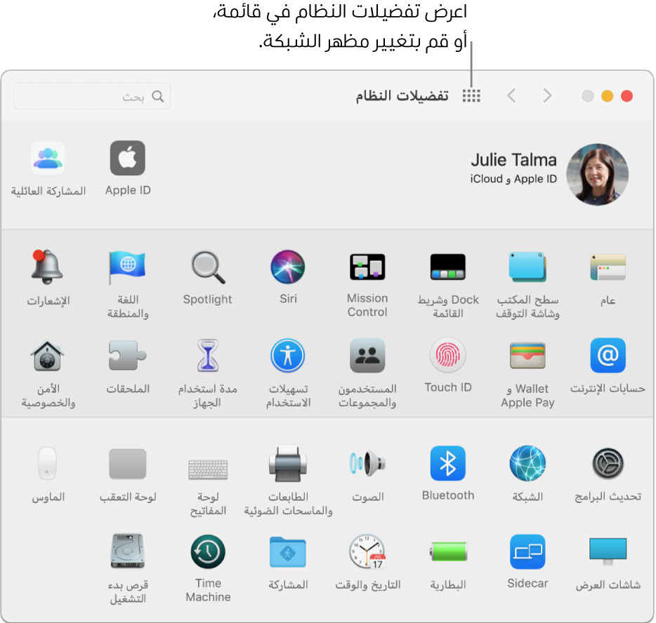 نافذة تفضيلات النظام تُظهر شبكة من الأيقونات. انقر على زر إظهار الكل في شريط أدوات النافذة لعرض تفضيلات النظام بشكل قائمة، أو لتغيير مظهر الشبكة.