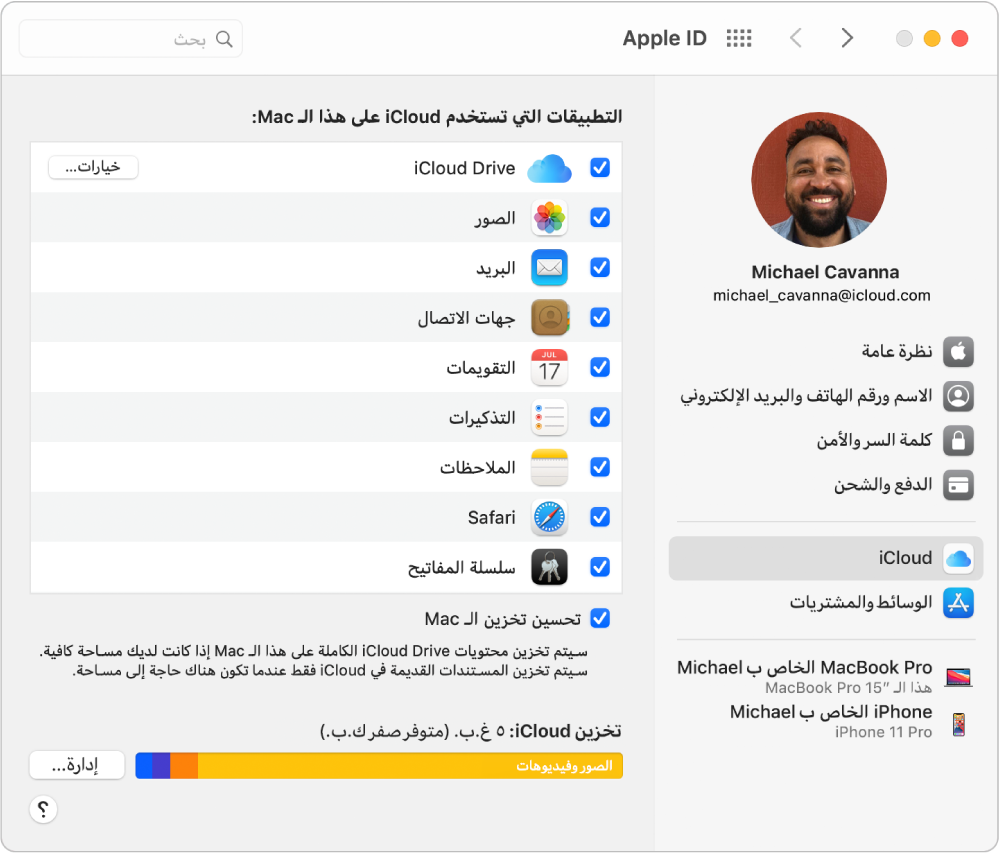 تفضيلات Apple ID تعرض شريطًا جانبيًا لأنواع مختلفة من خيارات الحساب التي يمكنك استخدامها وتفضيلات iCloud لحساب موجود.