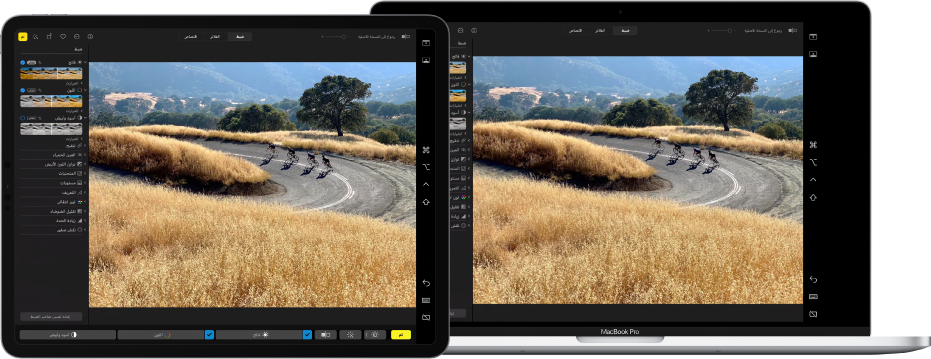 جهاز iPad Pro بجوار MacBook Pro. يعرض سطح مكتب الـ Mac صورة يتم تحريرها في تطبيق الصور. يعرض iPad Pro الصورة نفسها، وكذلك الشريط الجانبي لتطبيق Sidecar في الحافة اليمنى من الشاشة وTouch Bar لـ Mac في أسفل الشاشة.