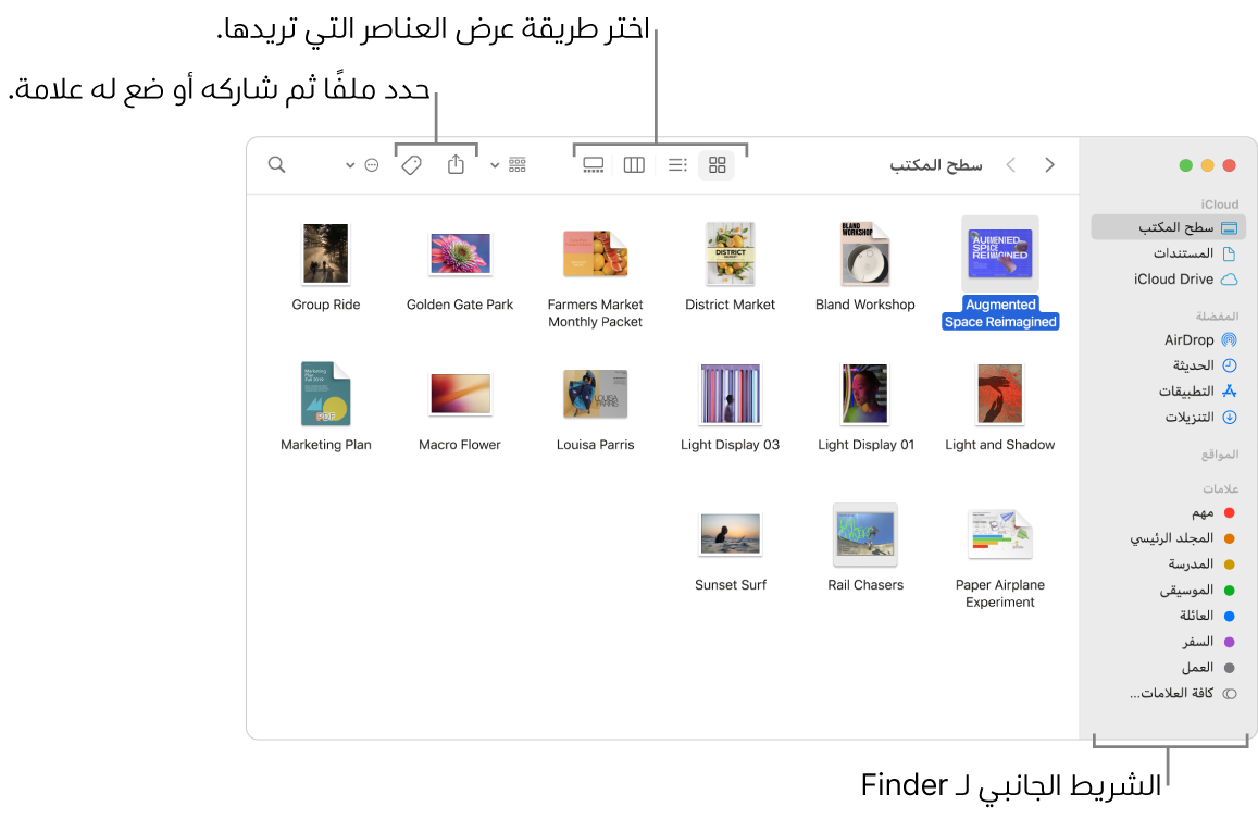 نافذة Finder يظهر فيها الشريط الجانبي لـ Finder على اليمين. في أعلى النافذة توجد أربعة أزرار تغير طريقة عرض العناصر في النافذة، بجانب أزرار إضافية لتنظيم العناصر ومشاركتها.