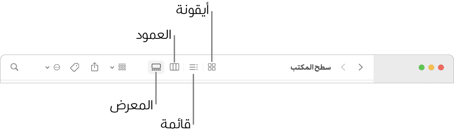 الجزء العلوي من نافذة Finder يعرض أزرار الخيار عرض لمجلد.