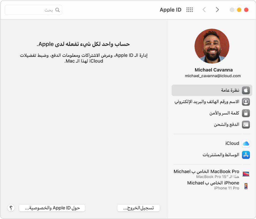 تفضيلات Apple ID تعرض شريطًا جانبيًا لأنواع مختلفة من خيارات الحساب التي يمكنك استخدامها وتفضيلات النظرة العامة لحساب موجود.