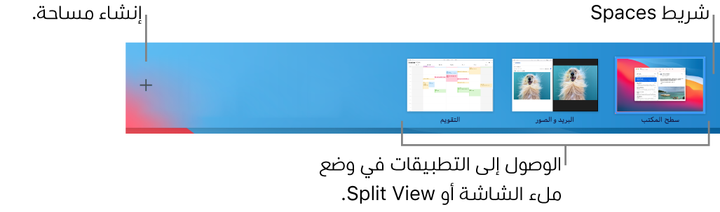 شريط Spaces يعرض مساحة سطح مكتب، تطبيقات في وضع ملء الشاشة وSplit View، والزر إضافة من أجل إنشاء مساحة.