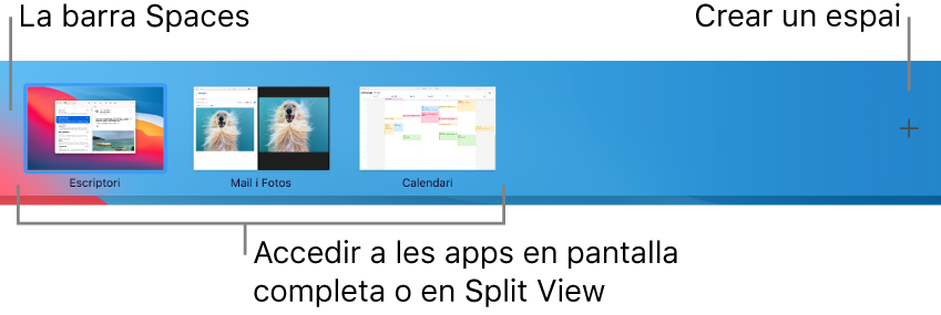 La barra de Spaces, que mostra un espai d’escriptori, apps a pantalla completa i en Split View i el botó Afegir per crear un espai.