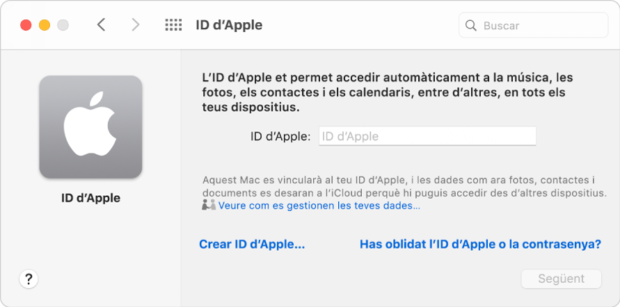 Quadre de diàleg de l’ID d’Apple, a punt per a la introducció d’un ID d’Apple. L’enllaç “Crear un ID d’Apple” et permet crear un nou ID d’Apple.