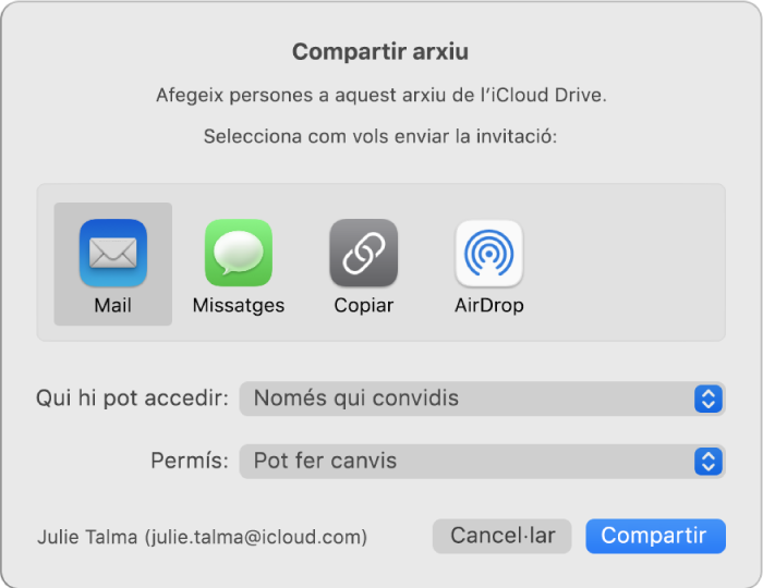 La finestra “Compartir arxius”, amb apps que pots utilitzar per fer invitacions i opcions per compartir documents.